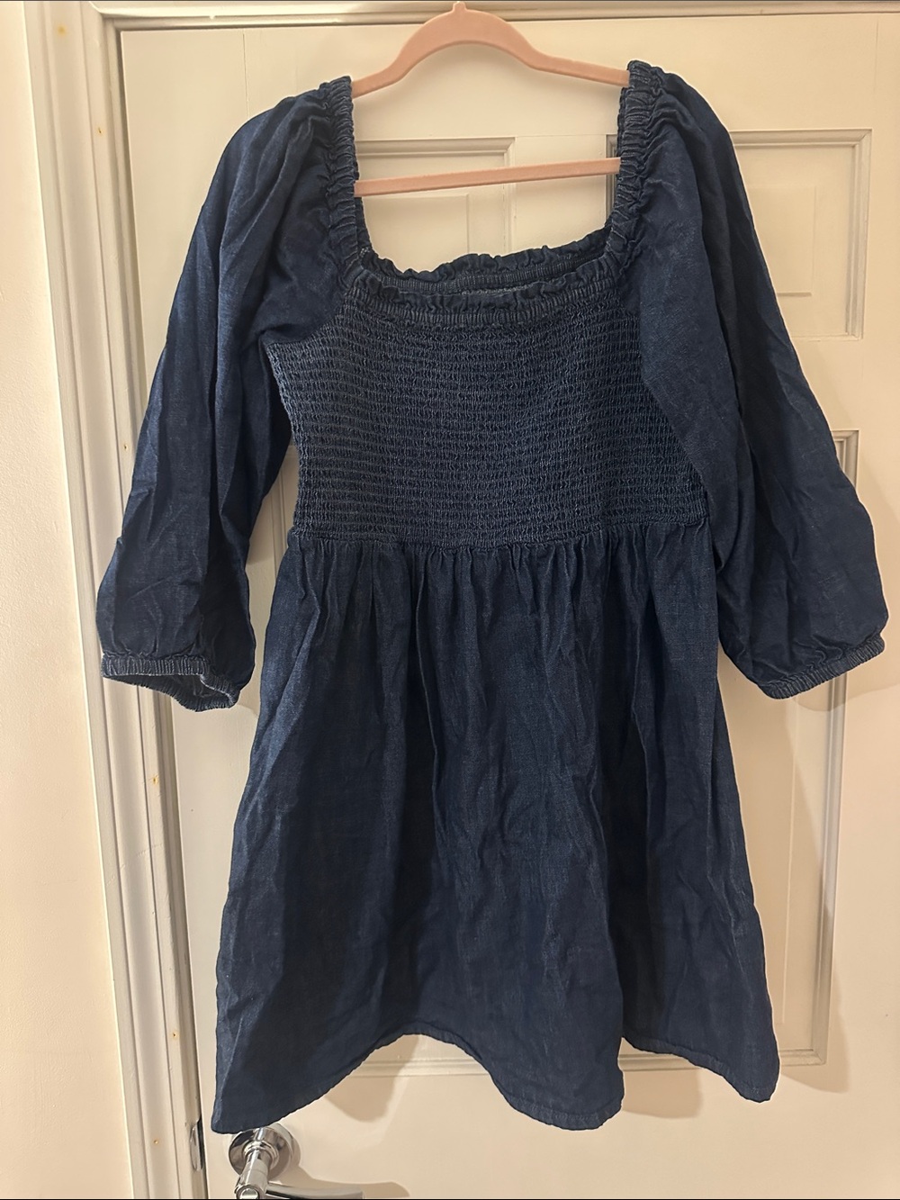 J. Crew Dark Denim Smocked Top with Ruffled Neckline